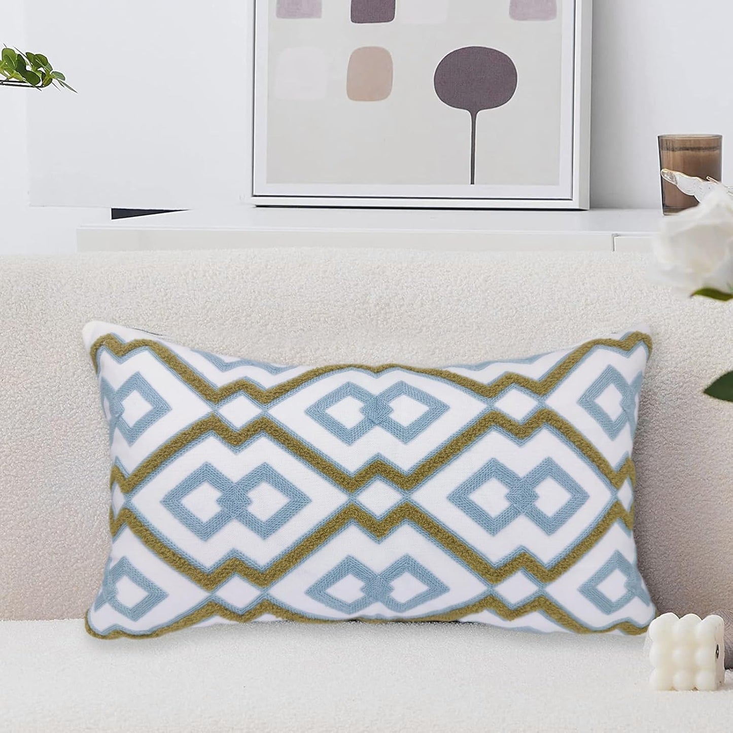 Alysheer Farmhouse Floral Leaves Embroidered Decorative Throw Pillow Cover 18x18 inches, Boho Tufted Flowers Embroidery Pattern Chic Cotton Cushion Case for Couch Bed Sofa Living Room(Mustard Yellow)