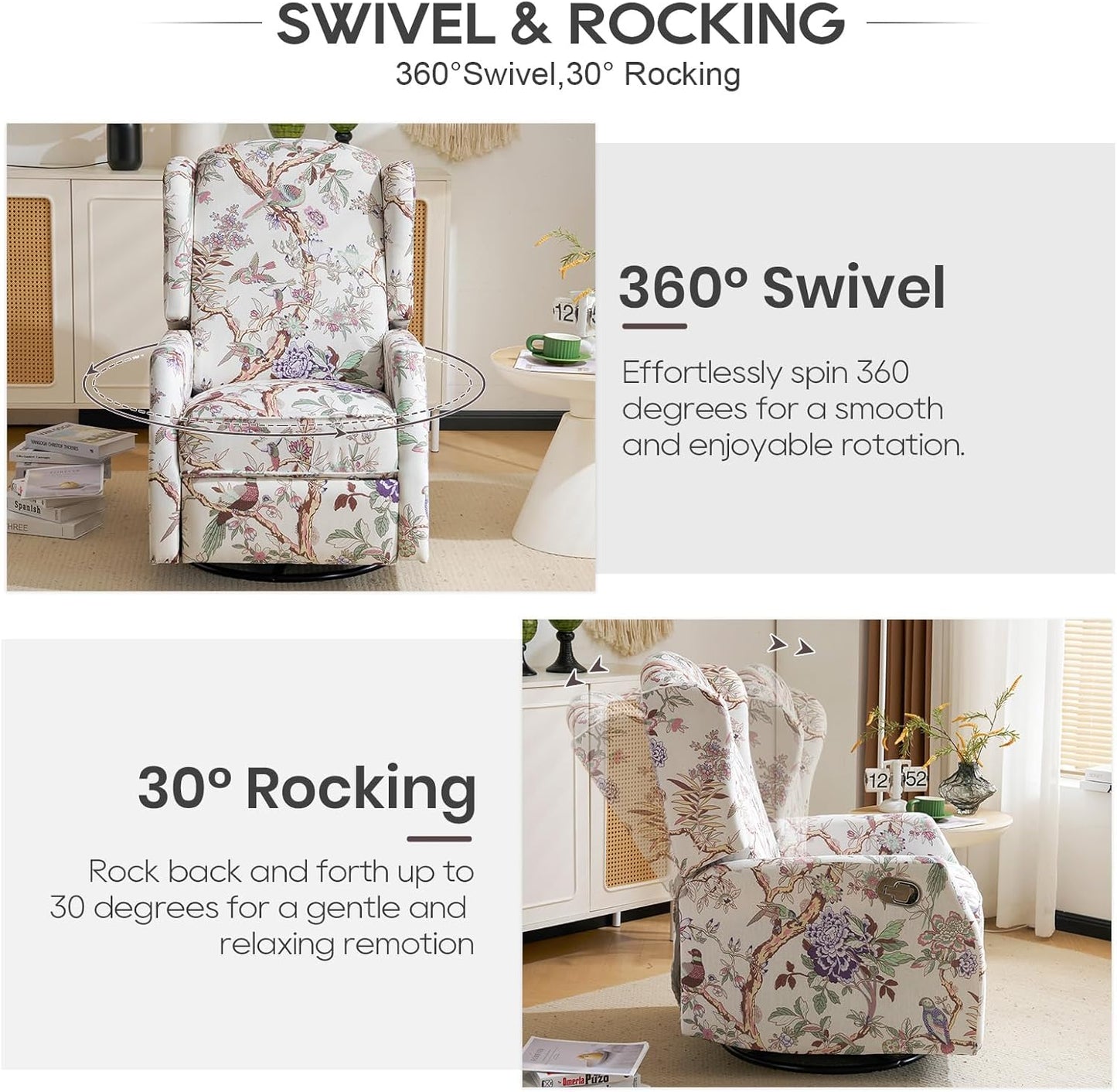 Floral Accent Swivel Rocker Recliner, Wingback Recliner Chair with Padded Seat, High Back Upholstered Armchair for Living Room, Bedroom, Home Ofiice, Bird Floral