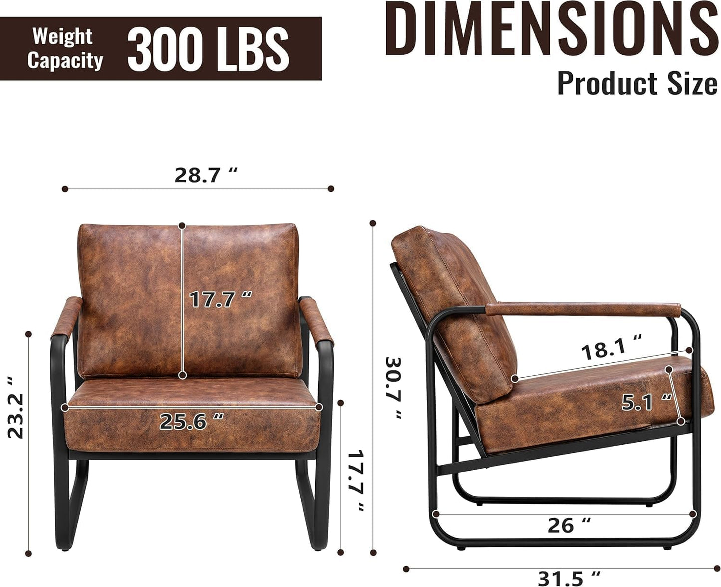 PrimeZone Mid-Century Modern Accent Chair Set of 4 - Comfy Faux Leather Living Room Chair, Lounge Armchair with Extra Soft Padded & Cushion, Ergonomic Accent Chair for Bedroom, Office, Brown