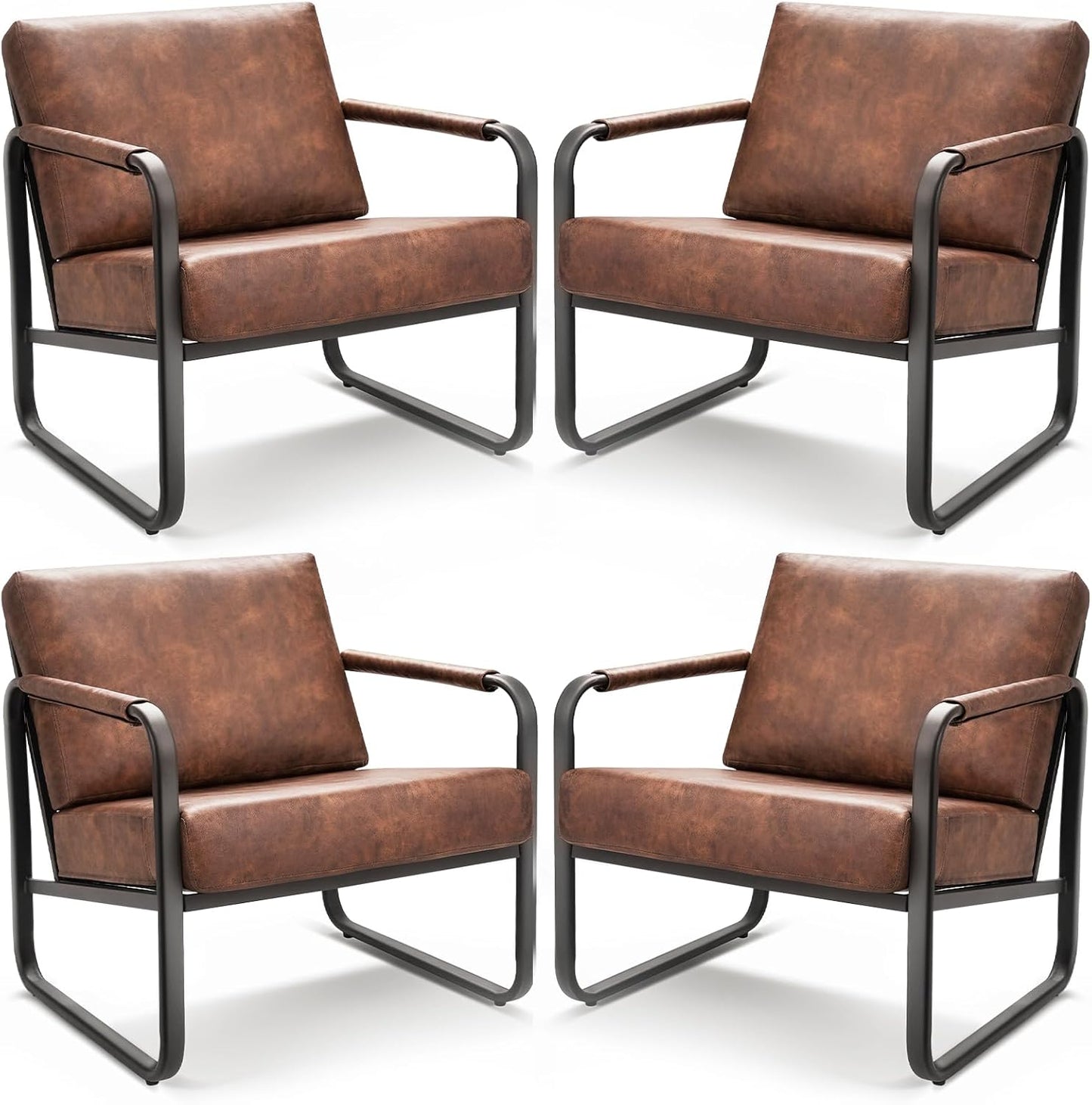 PrimeZone Mid-Century Modern Accent Chair Set of 4 - Comfy Faux Leather Living Room Chair, Lounge Armchair with Extra Soft Padded & Cushion, Ergonomic Accent Chair for Bedroom, Office, Brown