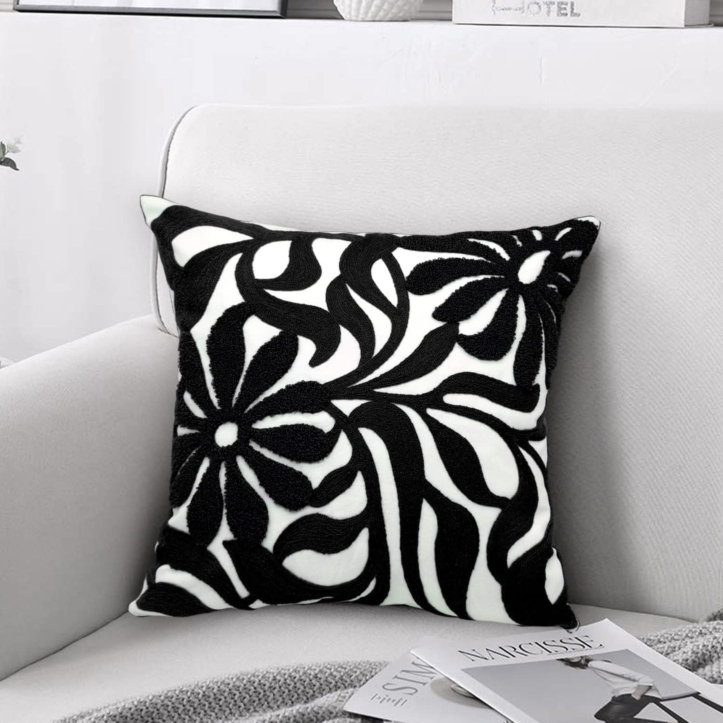 Alysheer Farmhouse Floral Leaves Embroidered Decorative Throw Pillow Cover 18x18 inches, Boho Tufted Flowers Embroidery Pattern Chic Cotton Cushion Case for Couch Bed Sofa Living Room(Mustard Yellow)