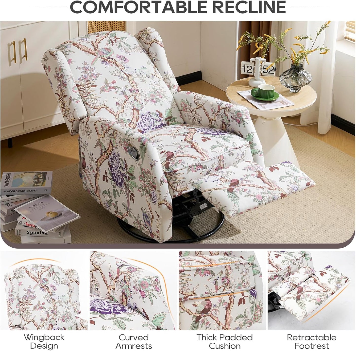 Floral Accent Swivel Rocker Recliner, Wingback Recliner Chair with Padded Seat, High Back Upholstered Armchair for Living Room, Bedroom, Home Ofiice, Bird Floral