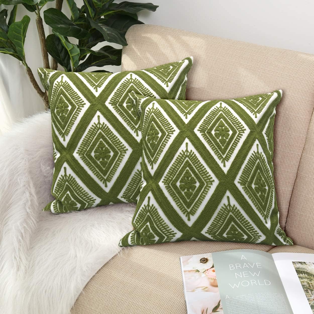Alysheer Farmhouse Floral Leaves Embroidered Decorative Throw Pillow Cover 18x18 inches, Boho Tufted Flowers Embroidery Pattern Chic Cotton Cushion Case for Couch Bed Sofa Living Room(Mustard Yellow)