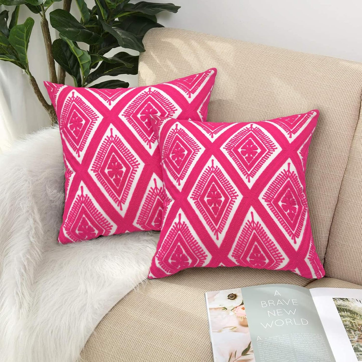 Alysheer Farmhouse Floral Leaves Embroidered Decorative Throw Pillow Cover 18x18 inches, Boho Tufted Flowers Embroidery Pattern Chic Cotton Cushion Case for Couch Bed Sofa Living Room(Mustard Yellow)