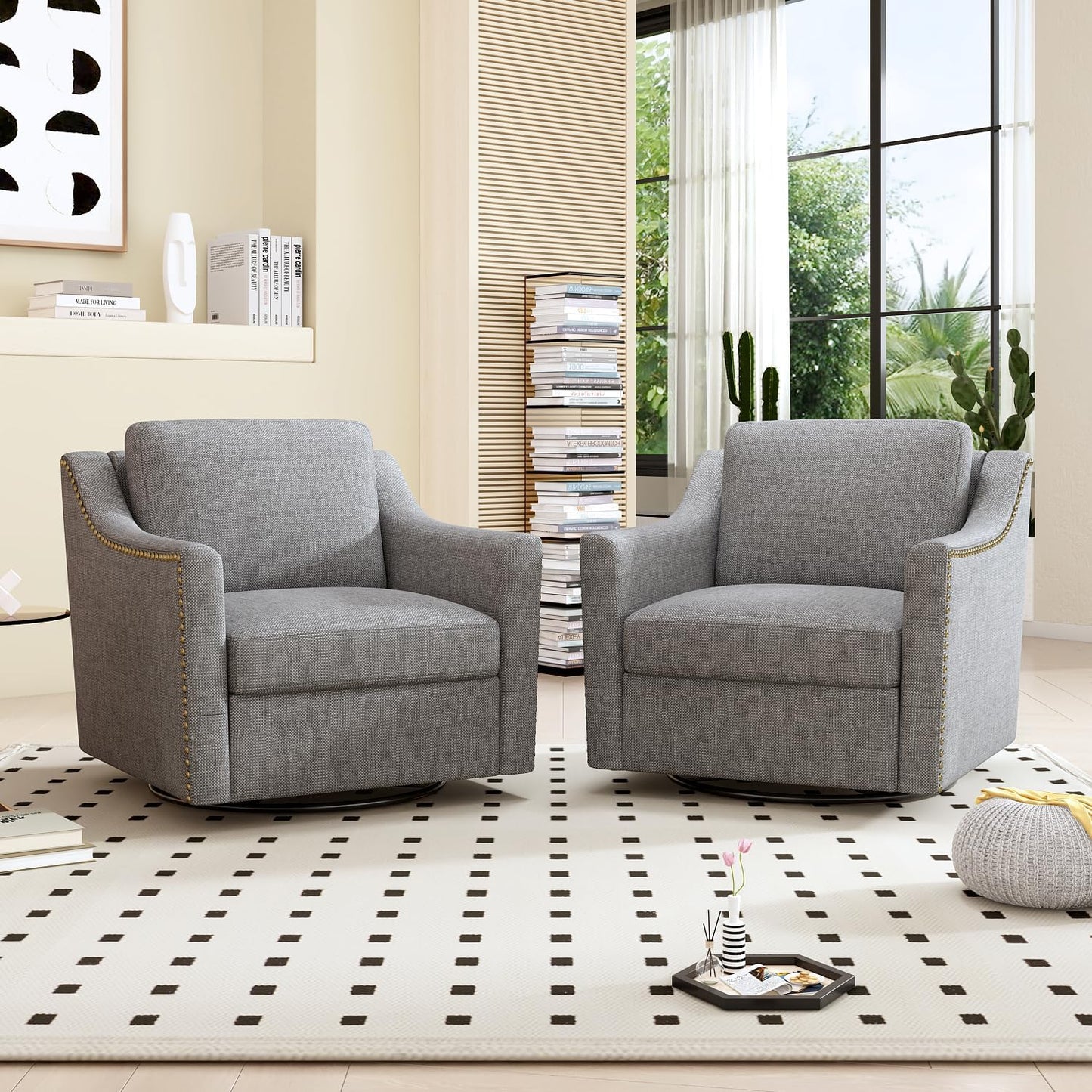 Swivel Accent Chair Set of 2, Modern Comfy Linen Upholstered Barrel Armchair with Nailhead Decor and Metal Base, Soft Oversized Round Swivel Chair for Living Room, Bedroom, Club (2, Grey)