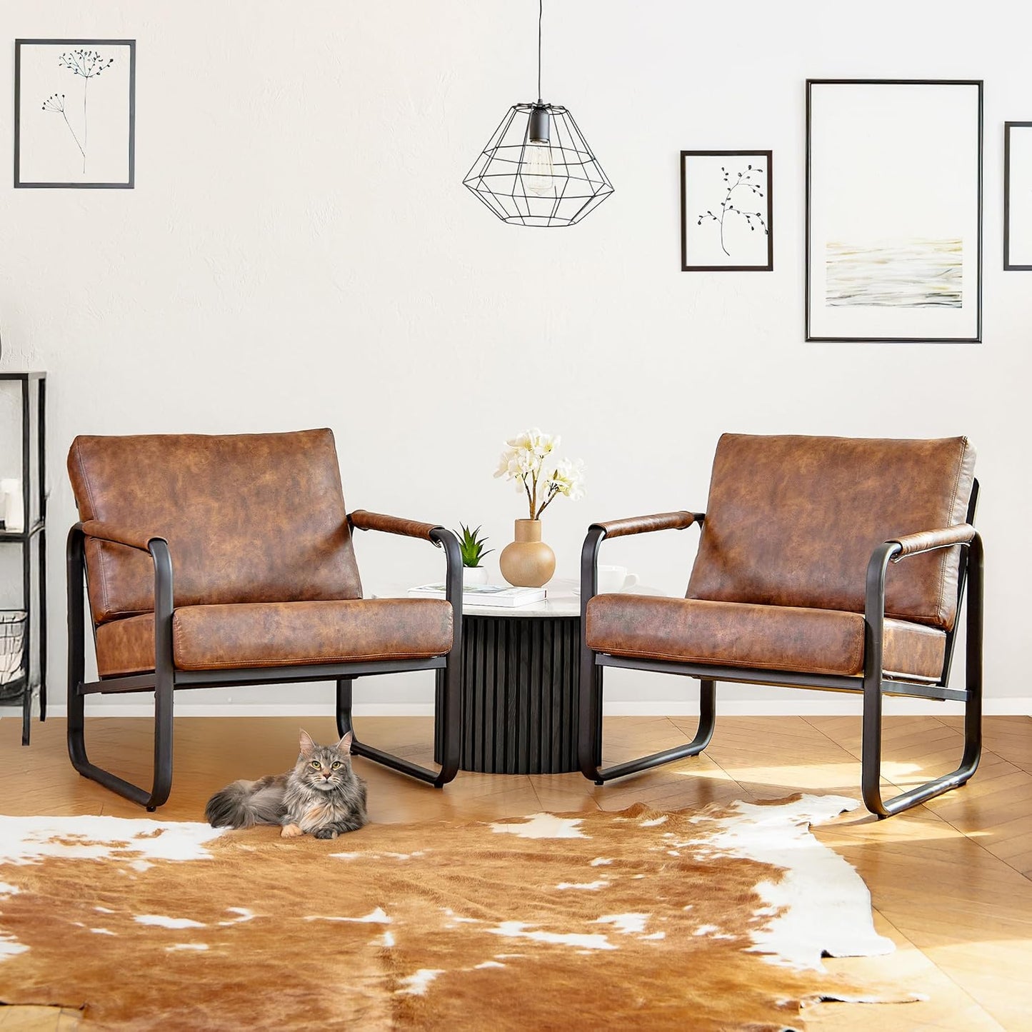 PrimeZone Mid-Century Modern Accent Chair Set of 4 - Comfy Faux Leather Living Room Chair, Lounge Armchair with Extra Soft Padded & Cushion, Ergonomic Accent Chair for Bedroom, Office, Brown
