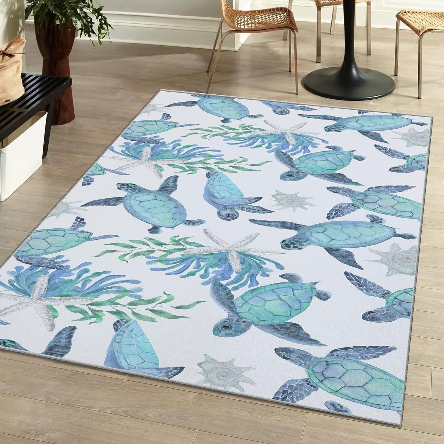 Tritard Coastal Area Rugs Nautical Beach Themed Non-Slip Machine Washable Rugs Modern Floor Carpet for Living Room Bedroom, 8x10, Blue