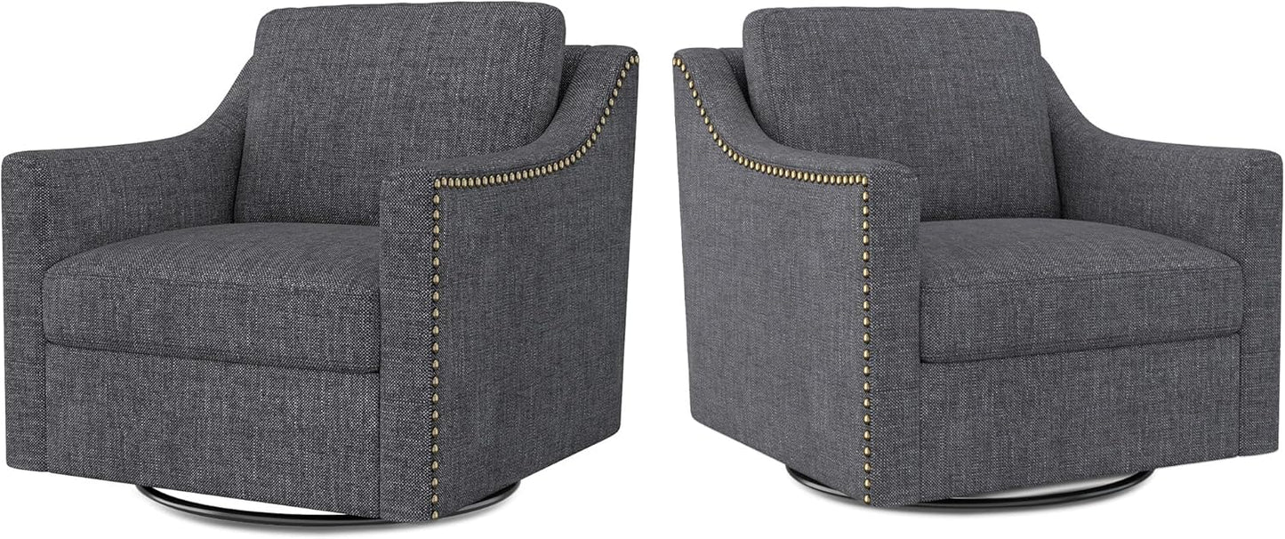 Swivel Accent Chair Set of 2, Modern Comfy Linen Upholstered Barrel Armchair with Nailhead Decor and Metal Base, Soft Oversized Round Swivel Chair for Living Room, Bedroom, Club (2, Grey)