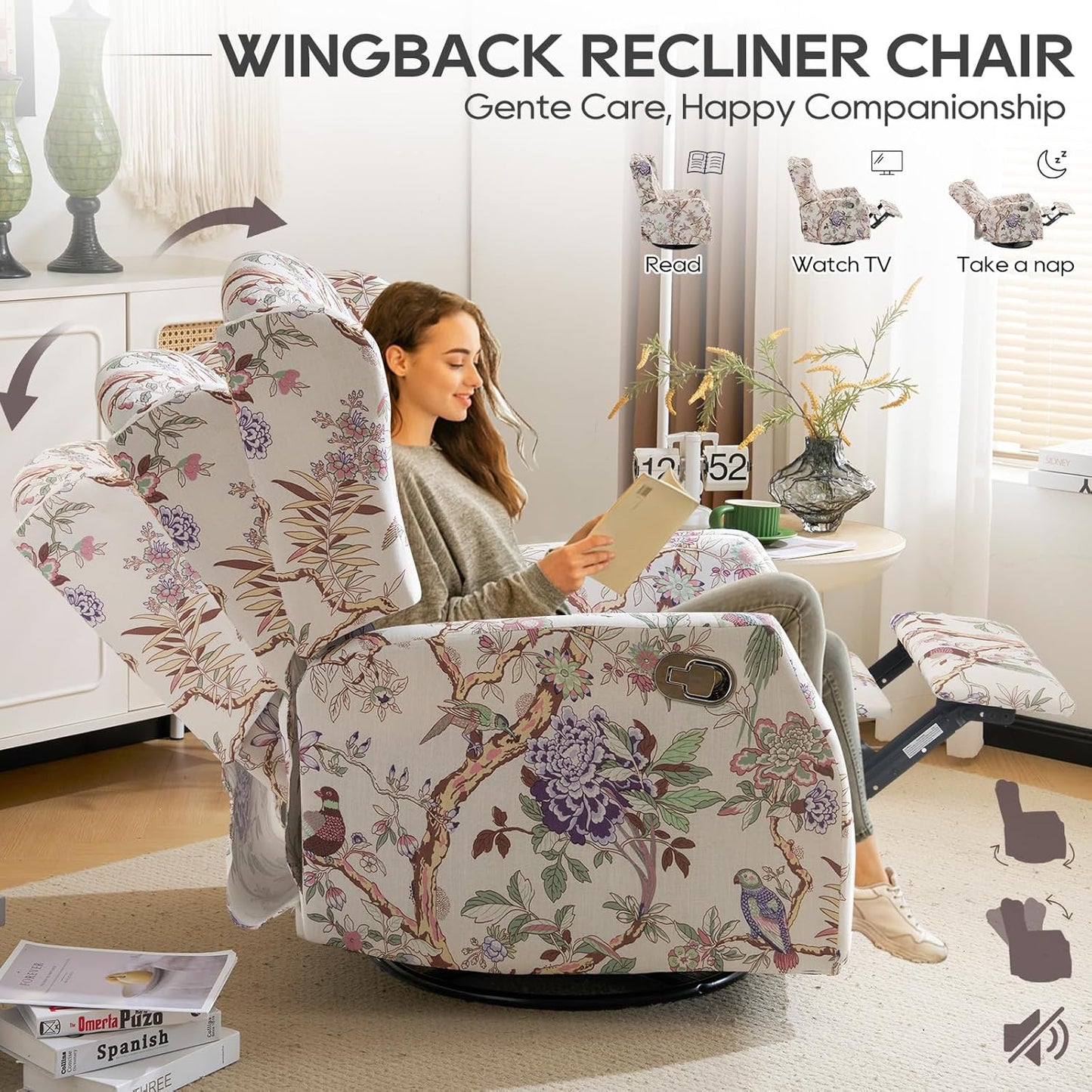 Floral Accent Swivel Rocker Recliner, Wingback Recliner Chair with Padded Seat, High Back Upholstered Armchair for Living Room, Bedroom, Home Ofiice, Bird Floral