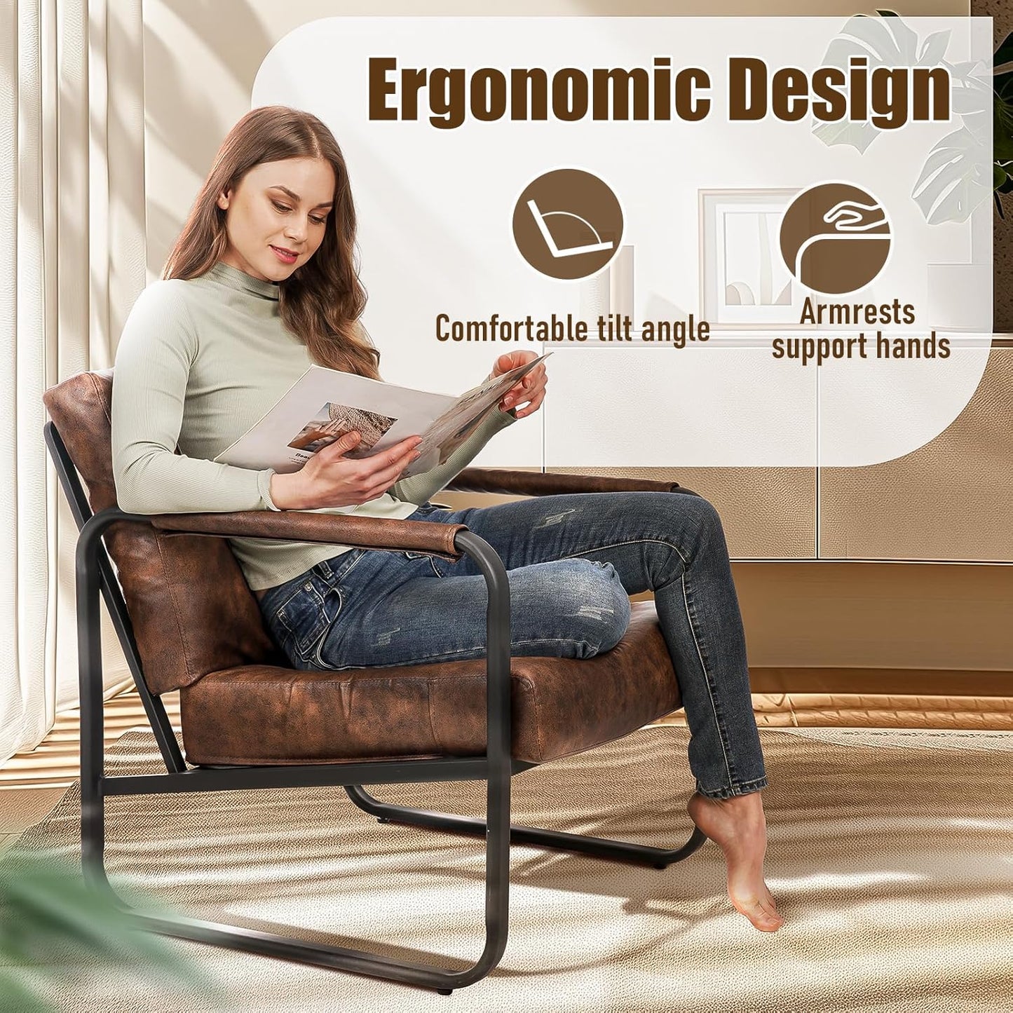 PrimeZone Mid-Century Modern Accent Chair Set of 4 - Comfy Faux Leather Living Room Chair, Lounge Armchair with Extra Soft Padded & Cushion, Ergonomic Accent Chair for Bedroom, Office, Brown