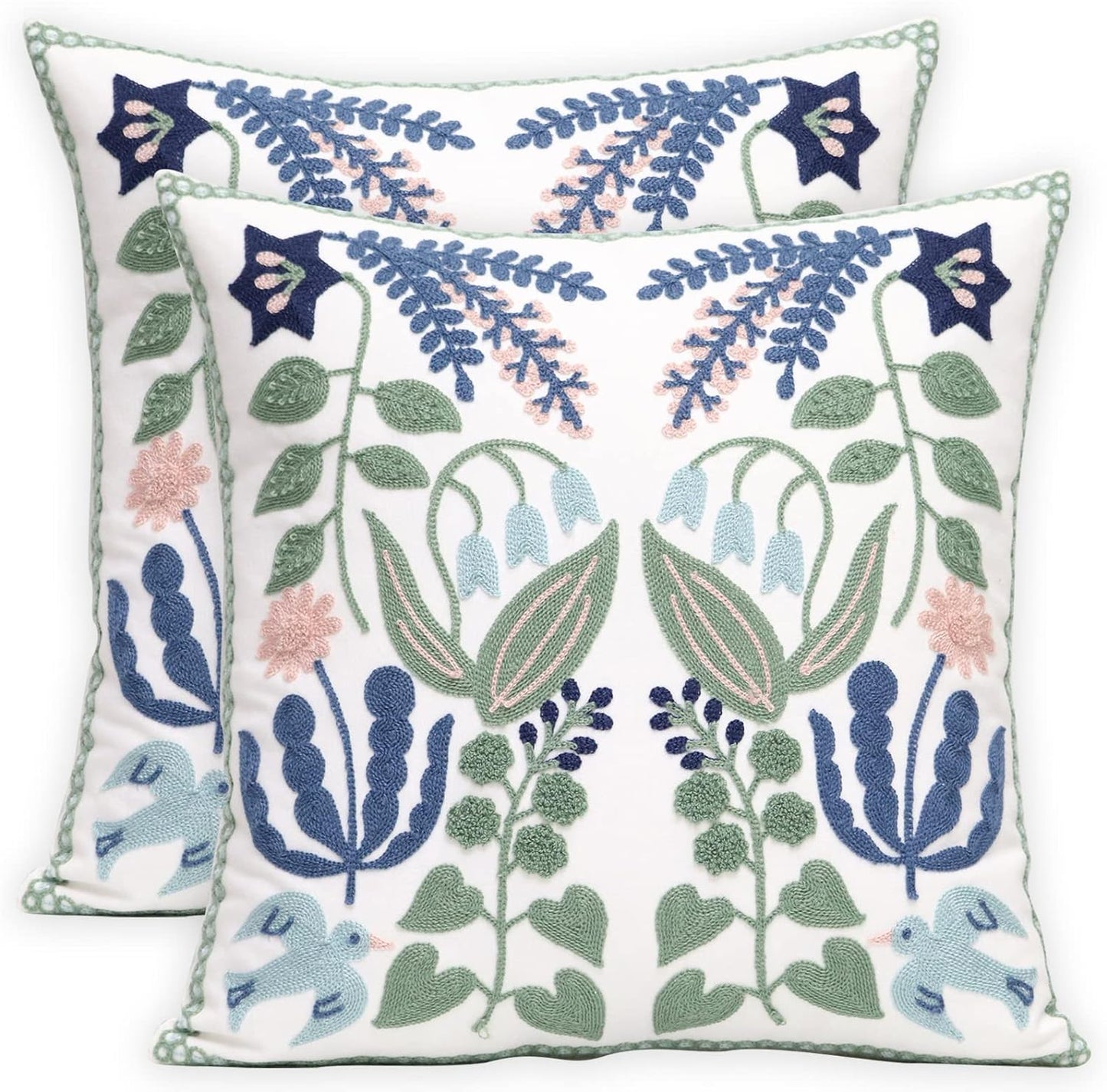 Pack of 2 Embroidered Decorative Throw Pillow Cover 18x18 Inch Farmhouse Floral Pillowcase for Living Room Sofa Bed (Bird Flower-Waist)