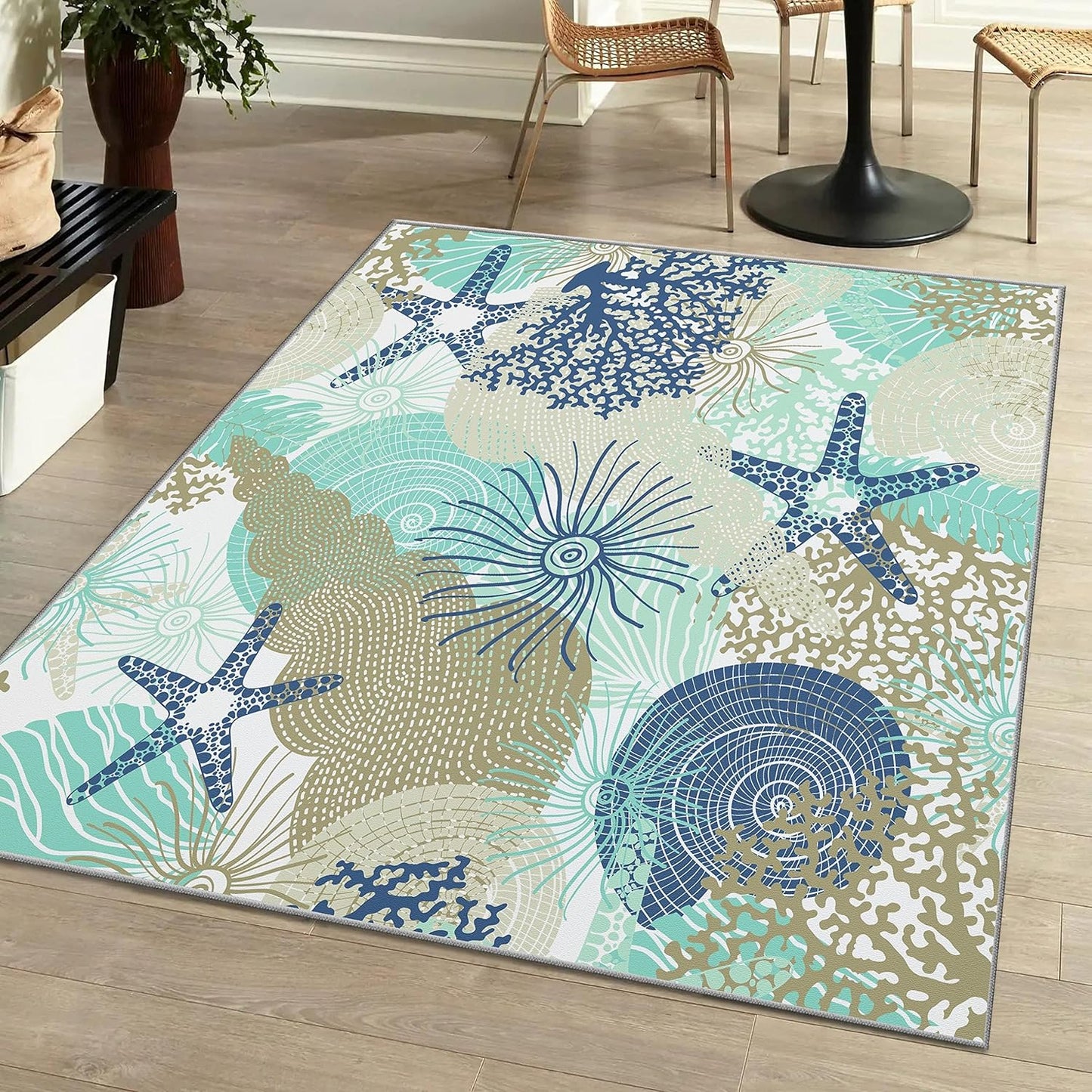 Tritard Coastal Area Rugs Nautical Beach Themed Non-Slip Machine Washable Rugs Modern Floor Carpet for Living Room Bedroom, 8x10, Blue