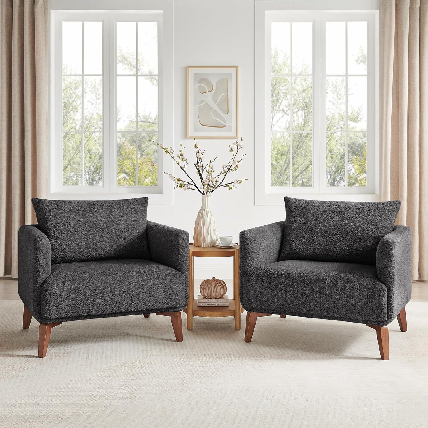 Oversized Accent Chair Modern Boucle Armchair for Living Room Sets of 2 - 37" Wide & Cozy Reading Accent Chair with Solid Wood Legs, Camel Upholstered Lounge Chair for Bedroom & Office(Easy Assembly)
