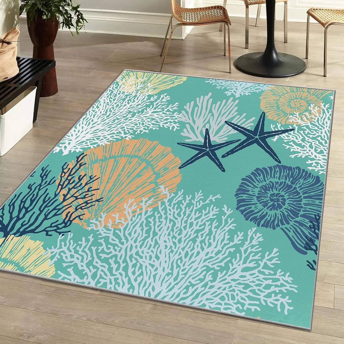 Tritard Coastal Area Rugs Nautical Beach Themed Non-Slip Machine Washable Rugs Modern Floor Carpet for Living Room Bedroom, 8x10, Blue
