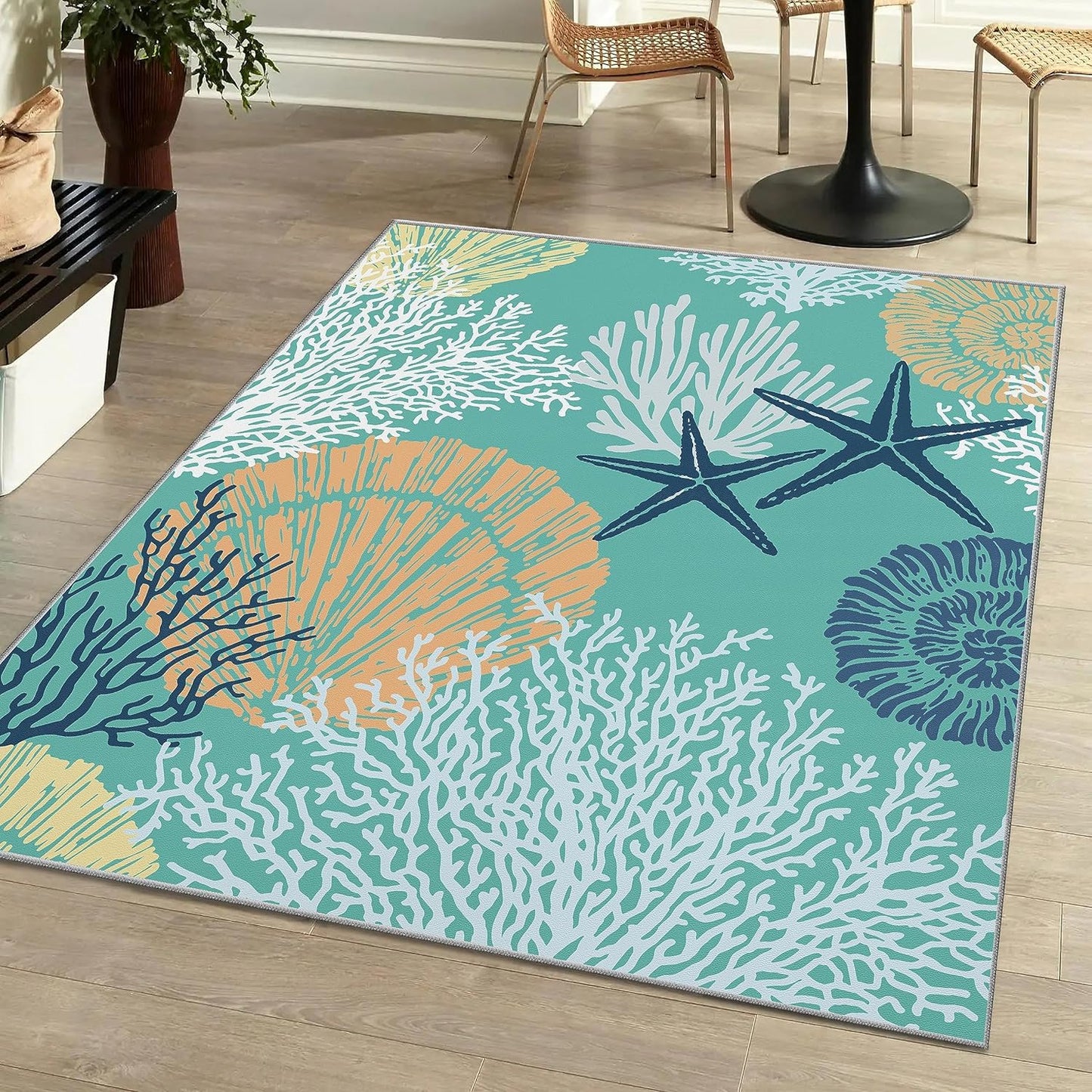 Tritard Coastal Area Rugs Nautical Beach Themed Non-Slip Machine Washable Rugs Modern Floor Carpet for Living Room Bedroom, 8x10, Blue
