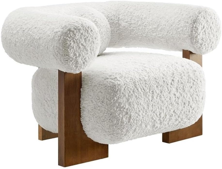 Modway Jace Upholstered Fabric Accent Chair in Feather - Faux Fur Barrel Chair with Pillow - Comfy Lounge Armchair with Curved Back and Wood Legs - Soft Teddy Club Chair for Living Room, Bedroom