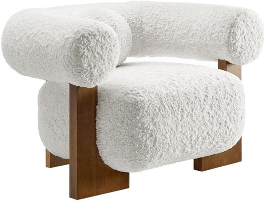 Modway Jace Upholstered Fabric Accent Chair in Feather - Faux Fur Barrel Chair with Pillow - Comfy Lounge Armchair with Curved Back and Wood Legs - Soft Teddy Club Chair for Living Room, Bedroom