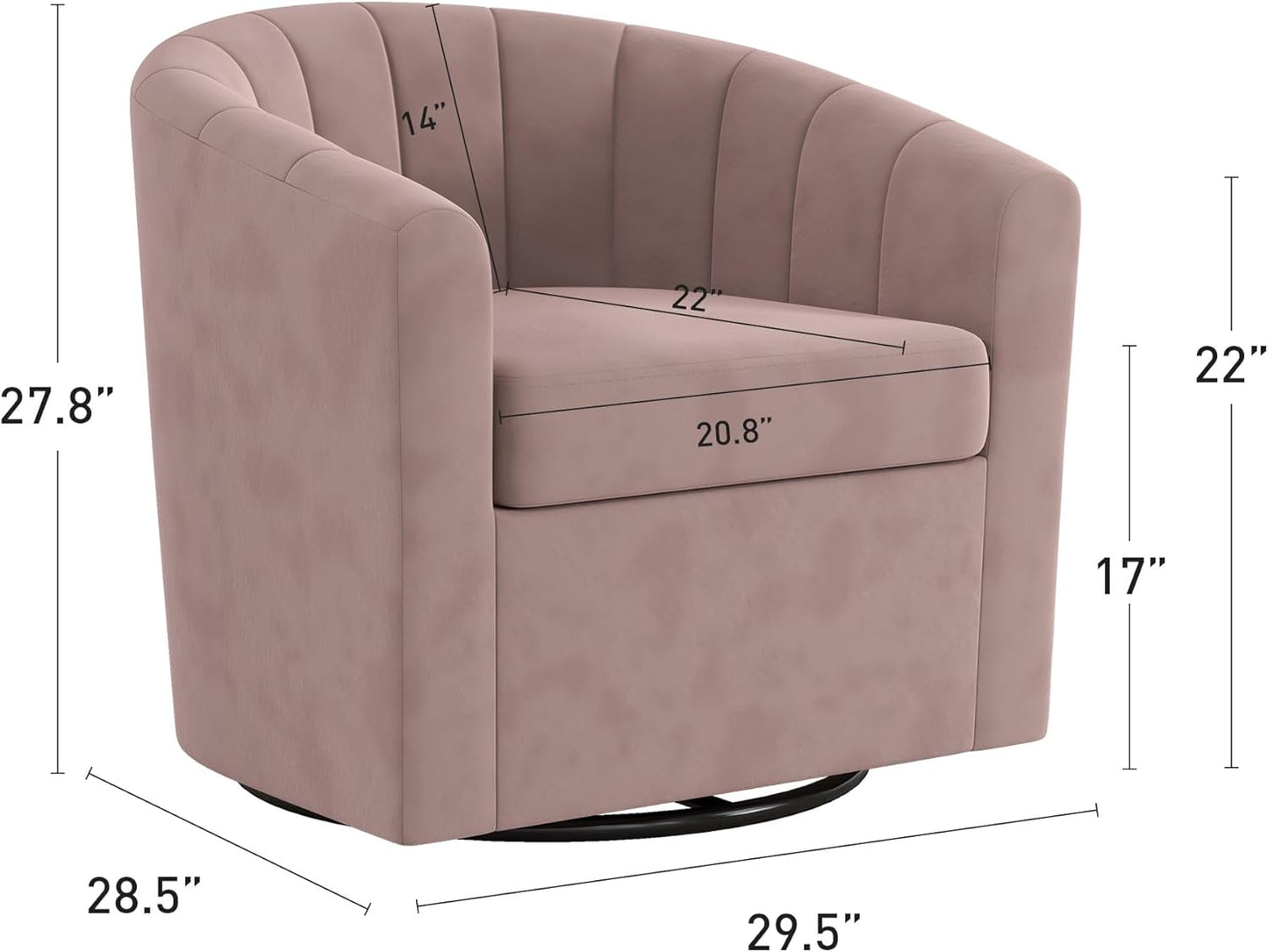 Bonzy Home Swivel Barrel Chair Set of 2, Modern Velvet Swivel Accent Chair with Channel Tufting, Soft Upholstered Armchair for Living Room Bedroom, Grey Pink