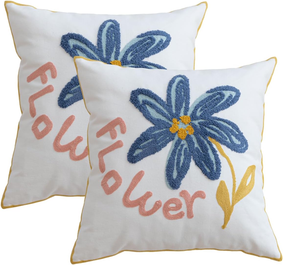 YIcabinet Pack of 2 Throw Pillow Covers,Flower and Bird Pattern Embroidered Pillow Case Soft Decorative Pillowcases for Home Sofa Couch 18x18 Inch