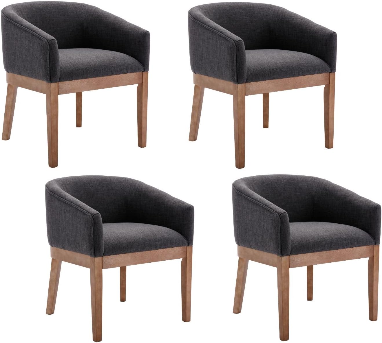 Mid-Century Modern Charcoal Dining Chairs Set of 4, Linen Upholstered Kitchen Dining Room Chairs with Wood Legs, Curved Backrest Armchairs, Charcoal