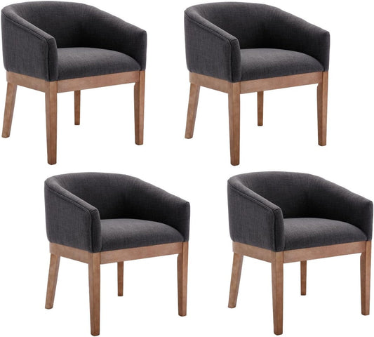 Mid-Century Modern Charcoal Dining Chairs Set of 4, Linen Upholstered Kitchen Dining Room Chairs with Wood Legs, Curved Backrest Armchairs, Charcoal