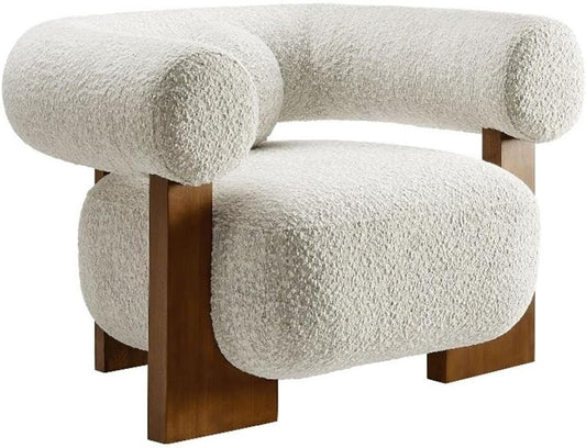 Modway Jace Boucle Fabric Accent Chair in Pearl - Upholstered Barrel Chair with Pillow - Comfy Lounge Armchair with Curved Back and Wood Legs - Soft Teddy Club Chair for Living Room or Bedroom