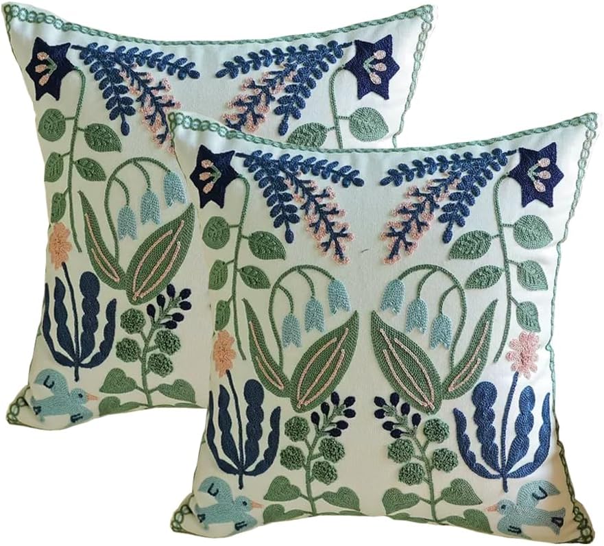 YIcabinet Pack of 2 Throw Pillow Covers,Flower and Bird Pattern Embroidered Pillow Case Soft Decorative Pillowcases for Home Sofa Couch 18x18 Inch