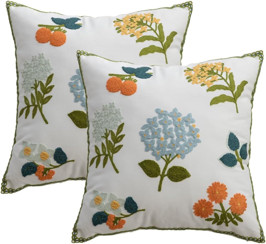 YIcabinet Pack of 2 Throw Pillow Covers,Flower and Bird Pattern Embroidered Pillow Case Soft Decorative Pillowcases for Home Sofa Couch 18x18 Inch