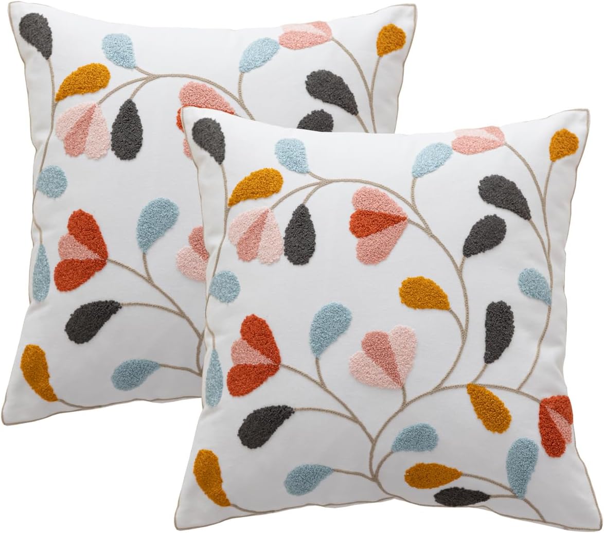 YIcabinet Pack of 2 Throw Pillow Covers,Flower and Bird Pattern Embroidered Pillow Case Soft Decorative Pillowcases for Home Sofa Couch 18x18 Inch