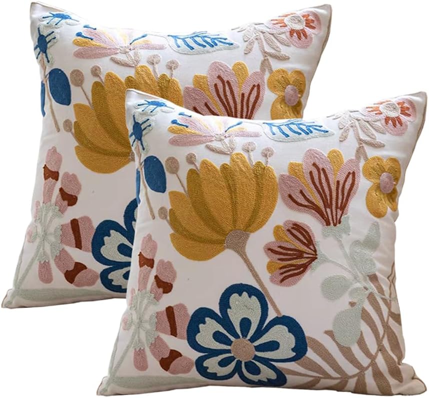 YIcabinet Pack of 2 Throw Pillow Covers,Flower and Bird Pattern Embroidered Pillow Case Soft Decorative Pillowcases for Home Sofa Couch 18x18 Inch