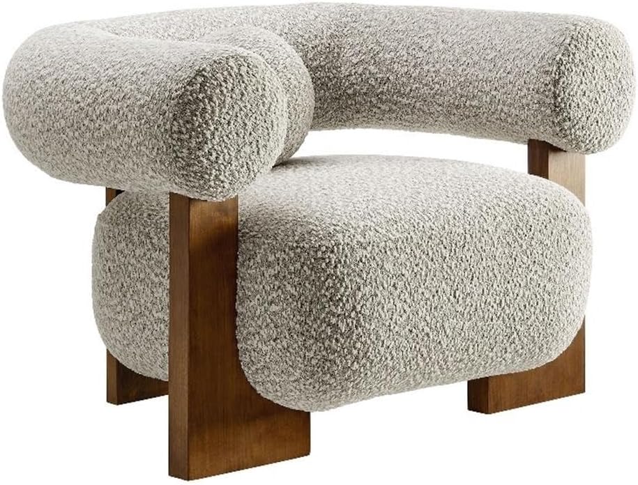 Modway Jace Boucle Fabric Accent Chair in Pearl - Upholstered Barrel Chair with Pillow - Comfy Lounge Armchair with Curved Back and Wood Legs - Soft Teddy Club Chair for Living Room or Bedroom
