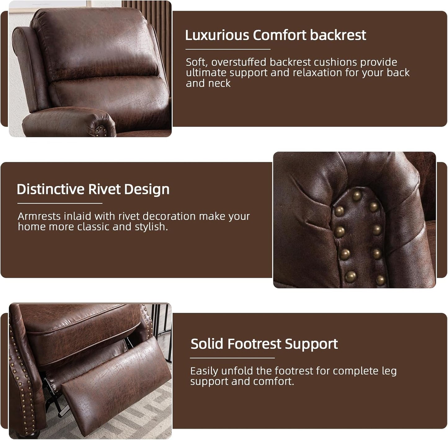 Push Back Recliner Chair Faux Leather Lounge Armchair with Rivet Decoration Wingback Single Sofa Chair with Padded Seat Solid Wood Legs for Living Room, Comfy Upholstered Set of 2, Red Brown