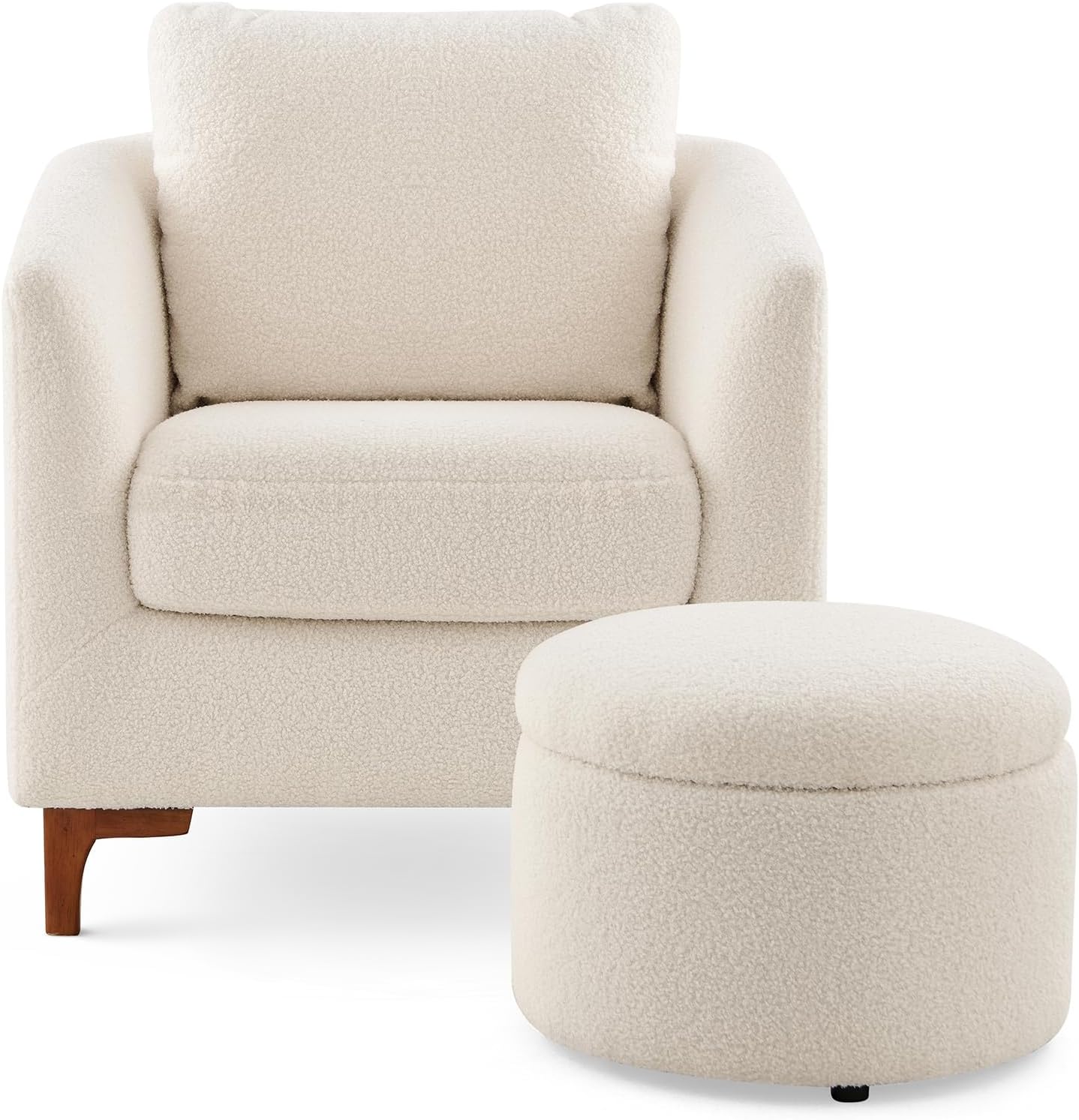 COLAMY Sherpa Accent Chair and Storage Ottoman Set of 2, Modern Upholstered Living Room Chair with Foot Rest, Armchair with Back Pillow and Wooden Legs for Living Room, Bedroom, Classic Cream