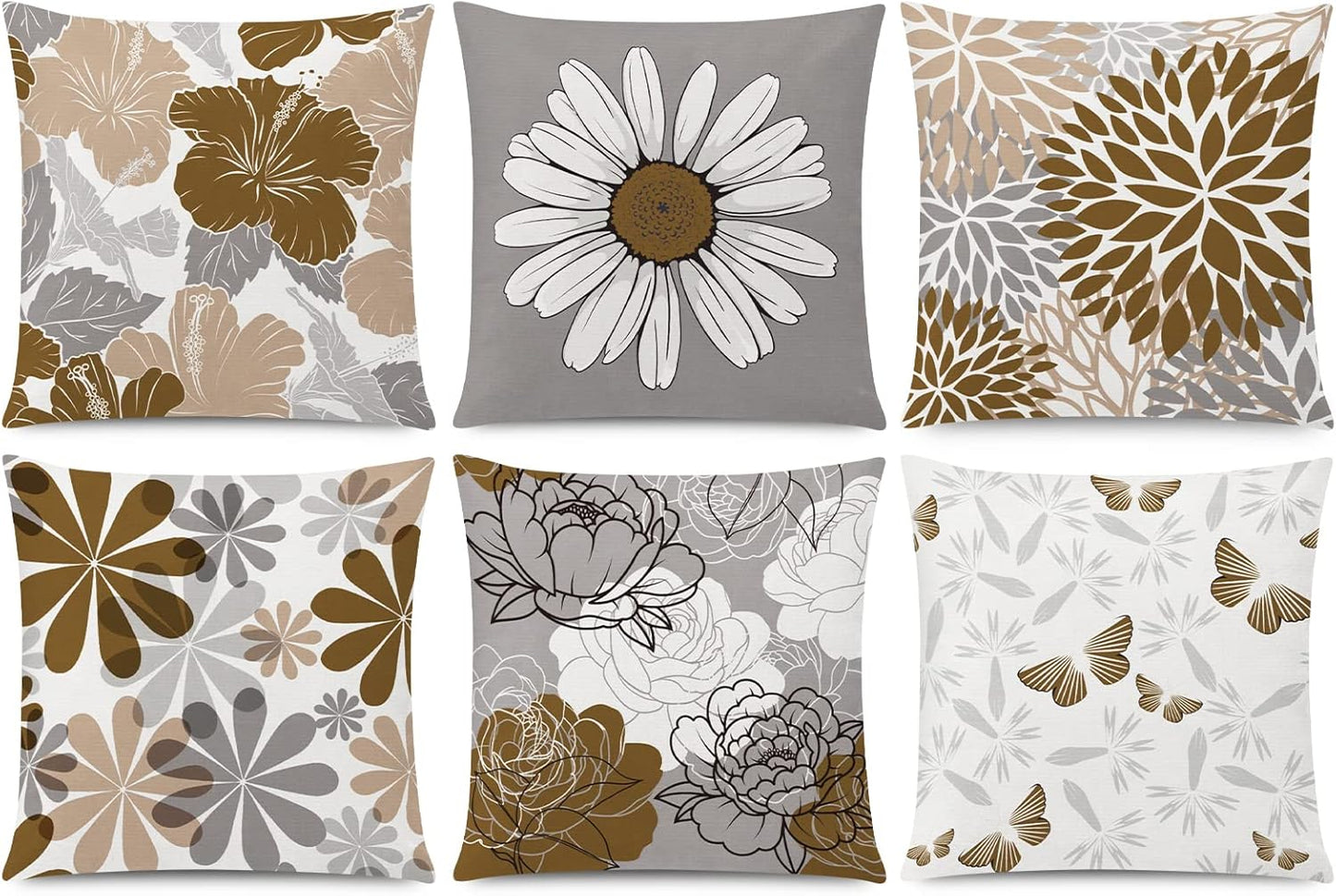COMMINY Blue Grey Pillow Covers 18x18 Set of 6 Decorative Daisy Flower Throw Pillow Cover for Couch Modern Pillow Case for Patio Living Room Cushion Bed Farmhouse Home Decor