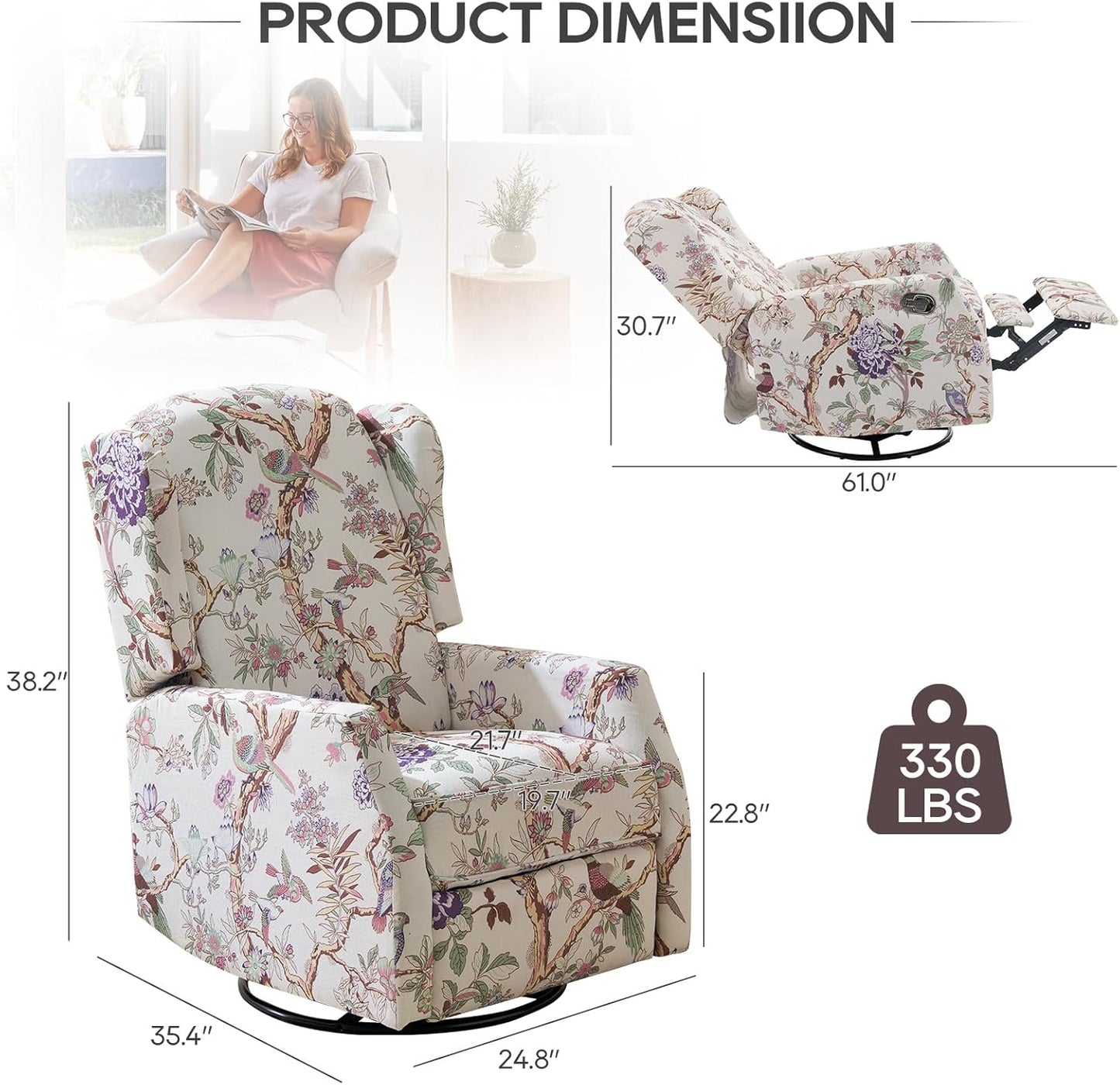 Floral Accent Swivel Rocker Recliner, Wingback Recliner Chair with Padded Seat, High Back Upholstered Armchair for Living Room, Bedroom, Home Ofiice, Bird Floral