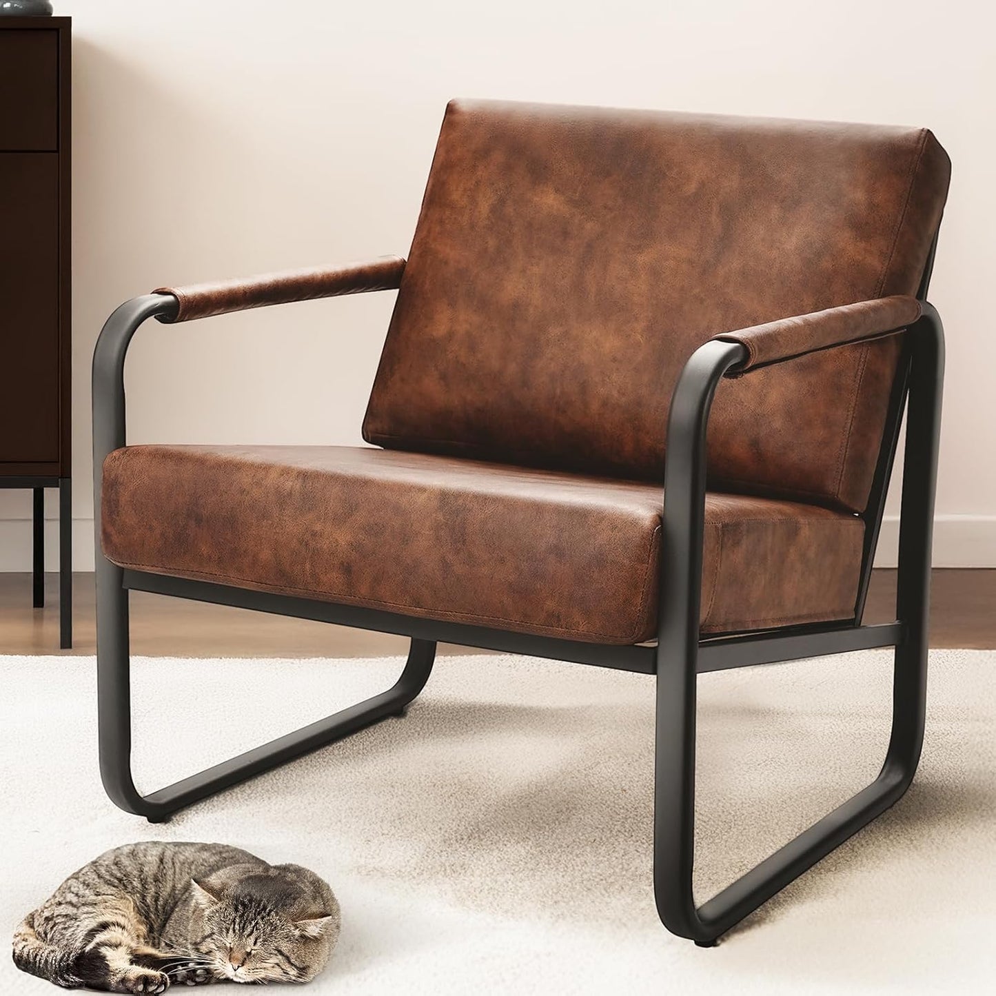 PrimeZone Mid-Century Modern Accent Chair Set of 4 - Comfy Faux Leather Living Room Chair, Lounge Armchair with Extra Soft Padded & Cushion, Ergonomic Accent Chair for Bedroom, Office, Brown