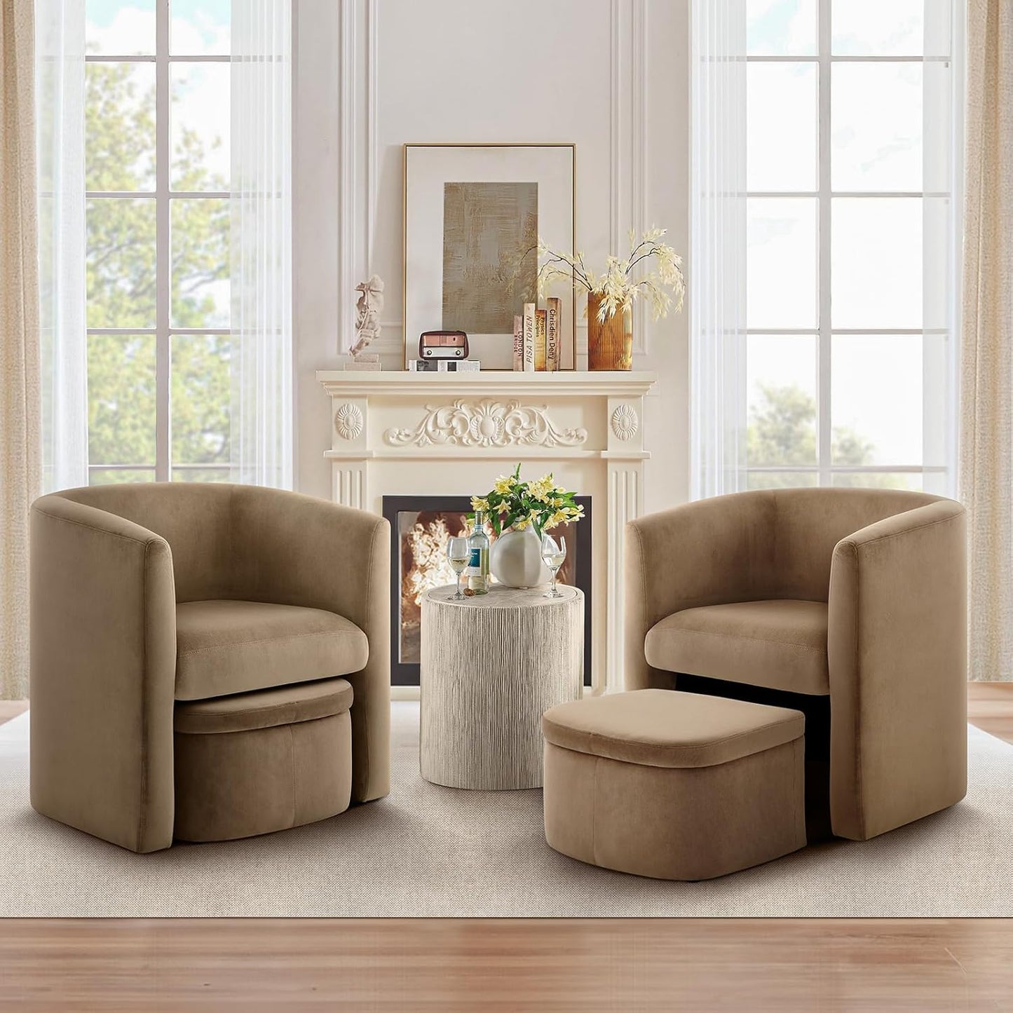 COLAMY Upholstered Sherpa Barrel Accent Chair with Storage Ottoman, Morden Living Room Chair, Armchair Single Sofa for Bedroom/Reading Spaces, Cream