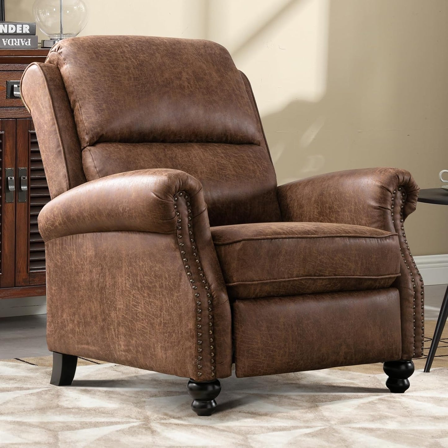 Push Back Recliner Chair Faux Leather Lounge Armchair with Rivet Decoration Wingback Single Sofa Chair with Padded Seat Solid Wood Legs for Living Room, Comfy Upholstered Set of 2, Red Brown