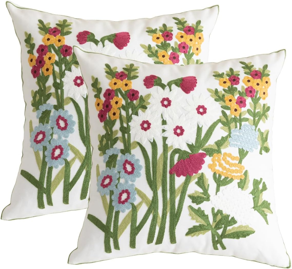 YIcabinet Pack of 2 Throw Pillow Covers,Flower and Bird Pattern Embroidered Pillow Case Soft Decorative Pillowcases for Home Sofa Couch 18x18 Inch