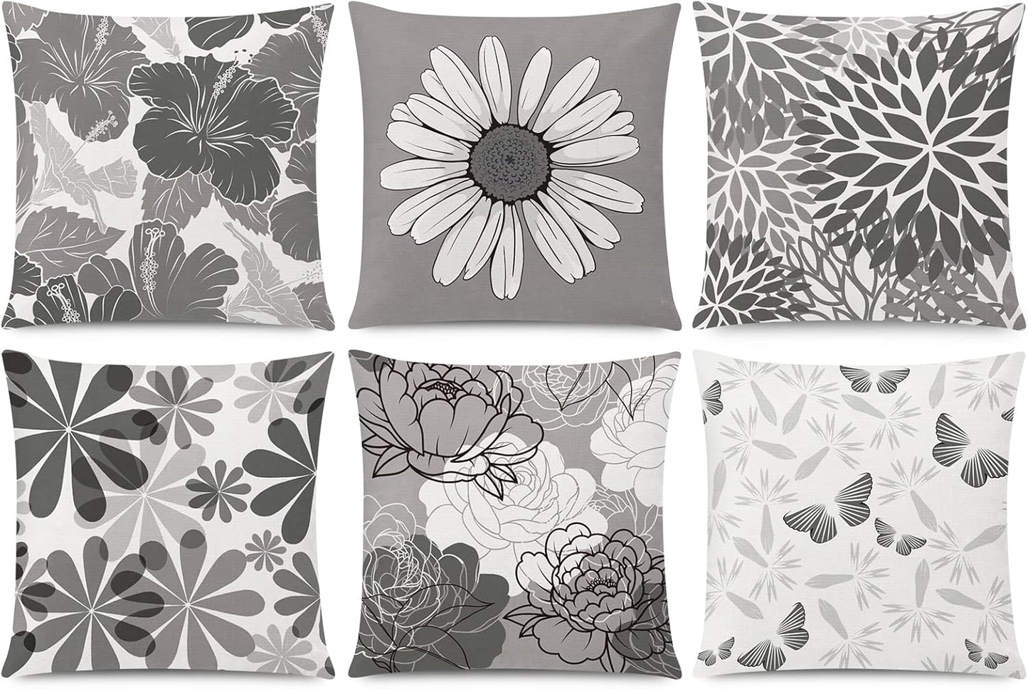 COMMINY Blue Grey Pillow Covers 18x18 Set of 6 Decorative Daisy Flower Throw Pillow Cover for Couch Modern Pillow Case for Patio Living Room Cushion Bed Farmhouse Home Decor