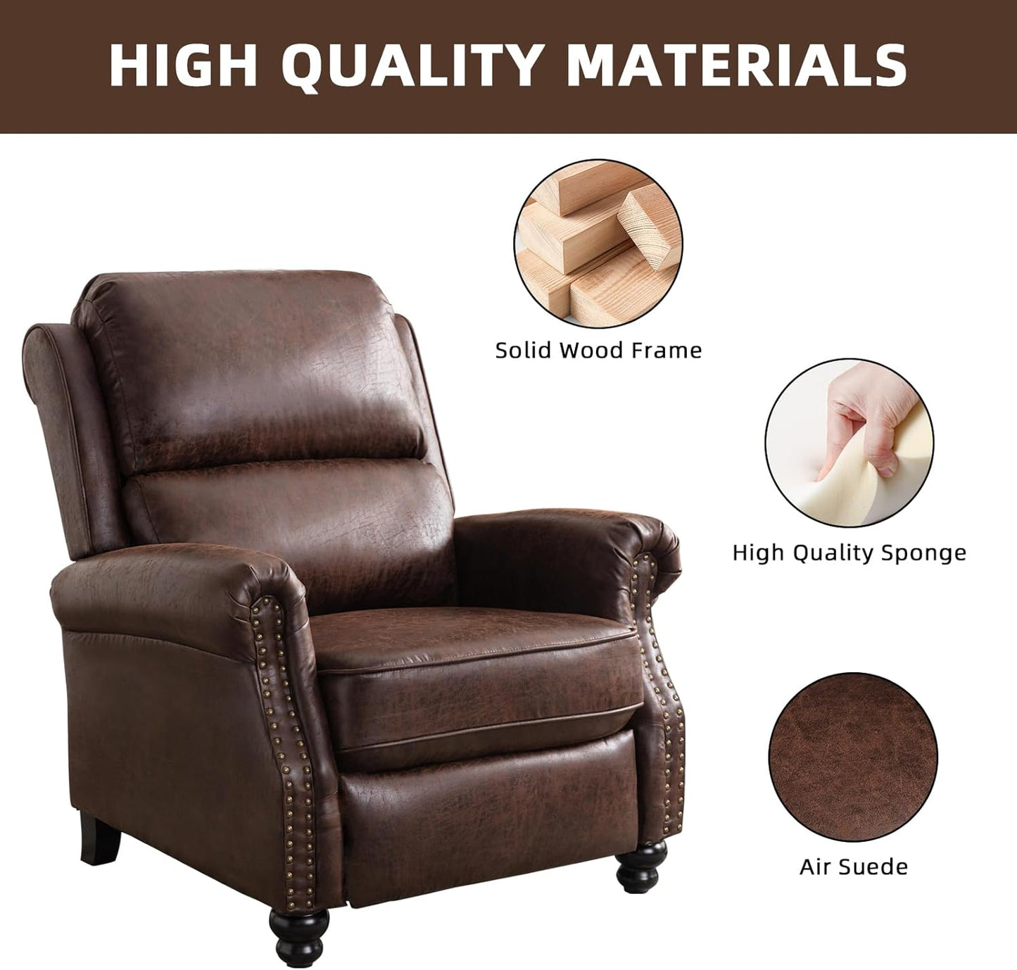 Push Back Recliner Chair Faux Leather Lounge Armchair with Rivet Decoration Wingback Single Sofa Chair with Padded Seat Solid Wood Legs for Living Room, Comfy Upholstered Set of 2, Red Brown