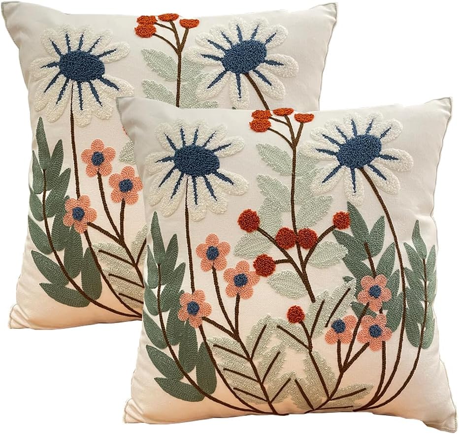 YIcabinet Pack of 2 Throw Pillow Covers,Flower and Bird Pattern Embroidered Pillow Case Soft Decorative Pillowcases for Home Sofa Couch 18x18 Inch