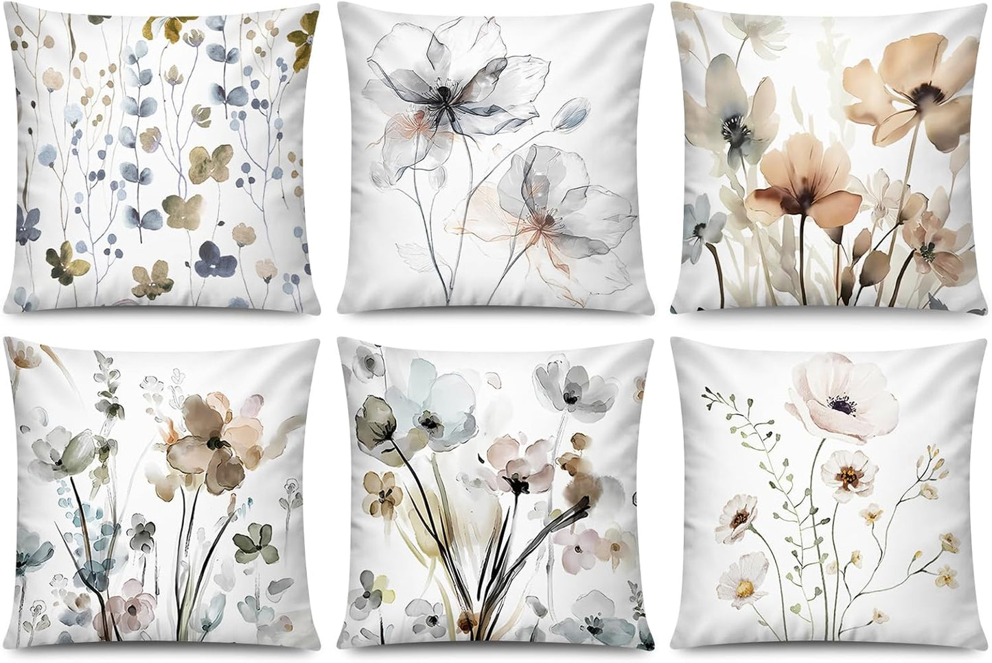 COMMINY Blue Grey Pillow Covers 18x18 Set of 6 Decorative Daisy Flower Throw Pillow Cover for Couch Modern Pillow Case for Patio Living Room Cushion Bed Farmhouse Home Decor