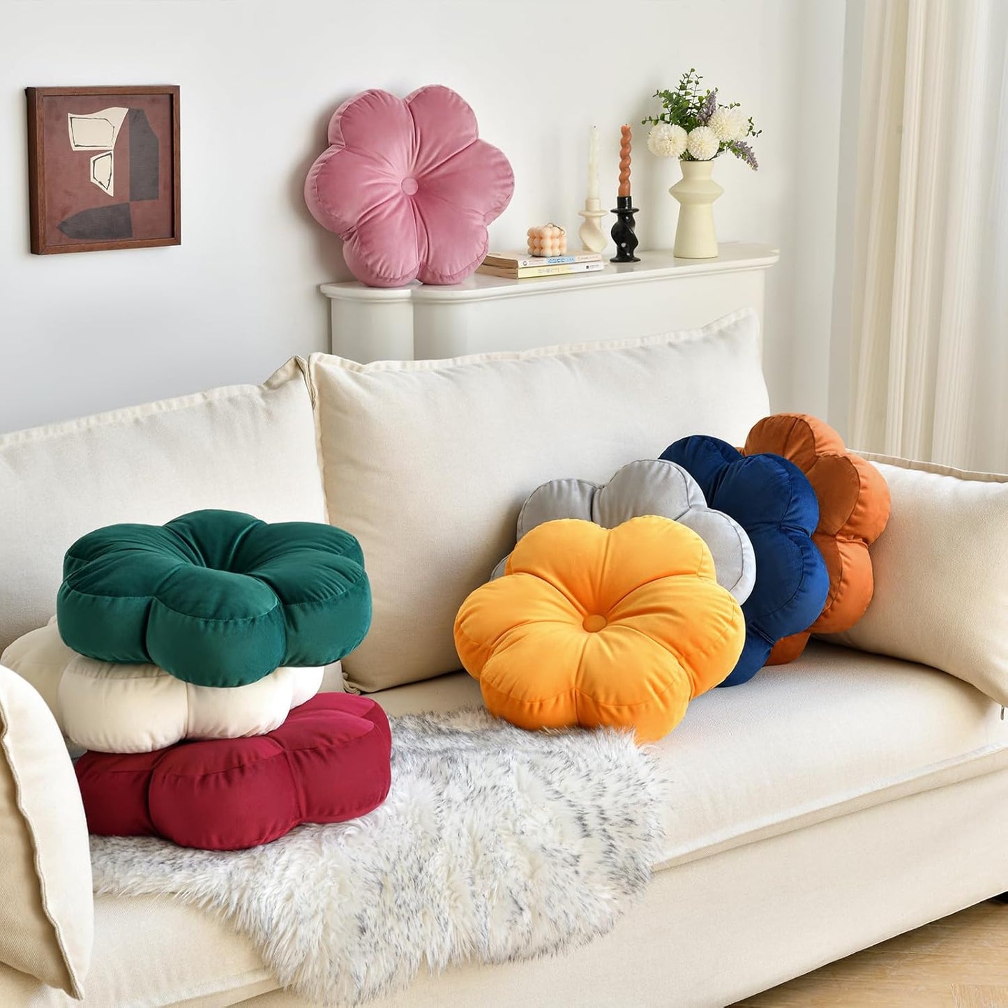 Xuyier Flower Pillow, Flower Shaped Pillow with Velvet for Couch Bed Chair Sofa, Home Decor Floor Seating Cushion Cute Throw Pillows for Living Room Bedroom (15 Inches, Ivory White)
