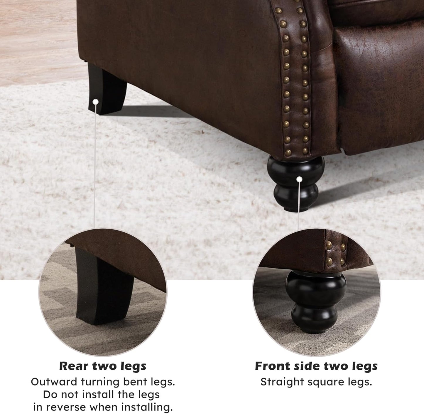 Push Back Recliner Chair Faux Leather Lounge Armchair with Rivet Decoration Wingback Single Sofa Chair with Padded Seat Solid Wood Legs for Living Room, Comfy Upholstered Set of 2, Red Brown