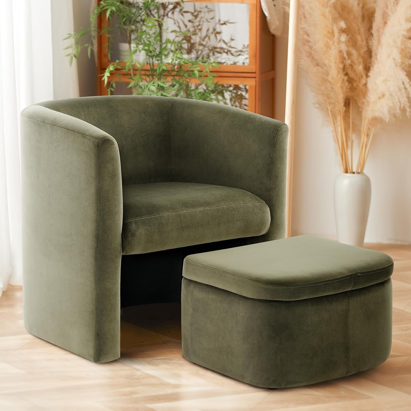 COLAMY Upholstered Sherpa Barrel Accent Chair with Storage Ottoman, Morden Living Room Chair, Armchair Single Sofa for Bedroom/Reading Spaces, Cream
