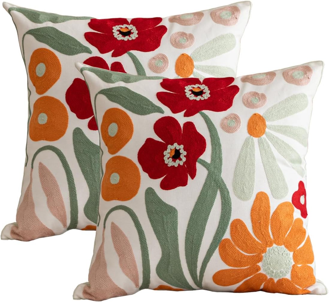YIcabinet Pack of 2 Throw Pillow Covers,Flower and Bird Pattern Embroidered Pillow Case Soft Decorative Pillowcases for Home Sofa Couch 18x18 Inch
