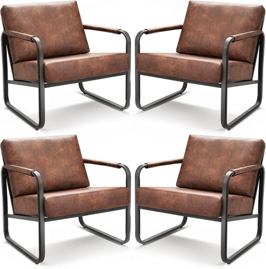 PrimeZone Mid-Century Modern Accent Chair Set of 4 - Comfy Faux Leather Living Room Chair, Lounge Armchair with Extra Soft Padded & Cushion, Ergonomic Accent Chair for Bedroom, Office, Brown
