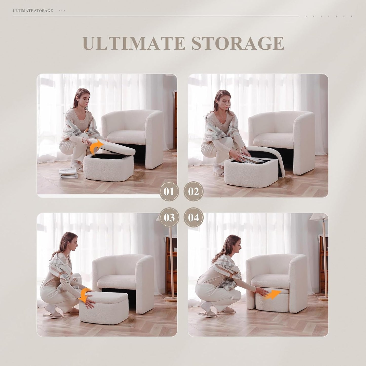COLAMY Upholstered Sherpa Barrel Accent Chair with Storage Ottoman, Morden Living Room Chair, Armchair Single Sofa for Bedroom/Reading Spaces, Cream