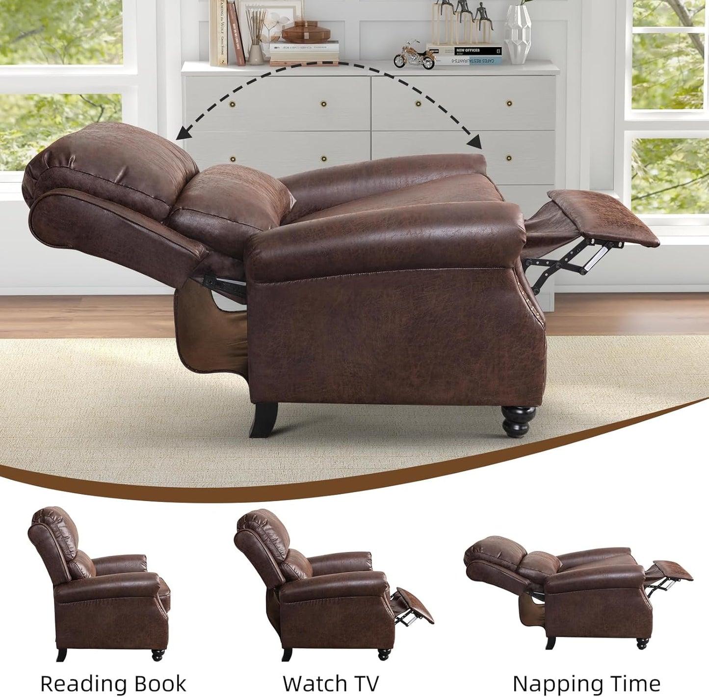 Push Back Recliner Chair Faux Leather Lounge Armchair with Rivet Decoration Wingback Single Sofa Chair with Padded Seat Solid Wood Legs for Living Room, Comfy Upholstered Set of 2, Red Brown